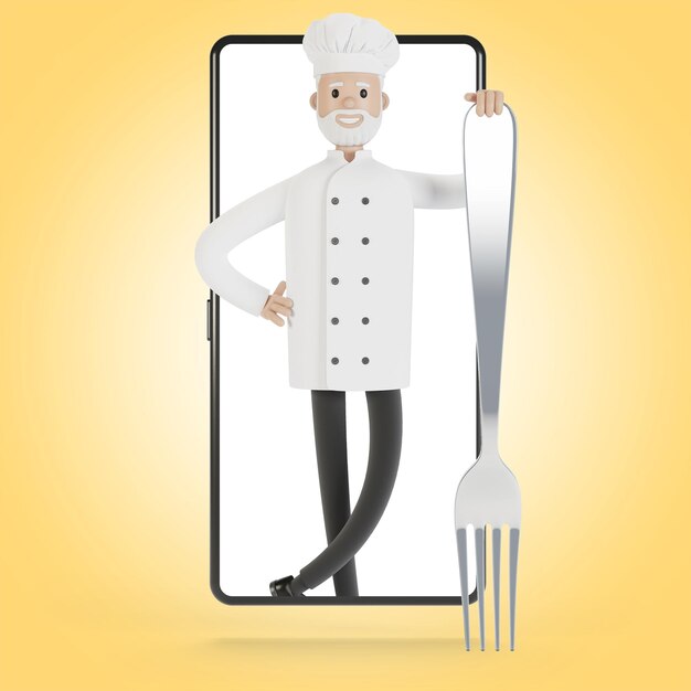 Chef sullo schermo dello smartphone Corsi di cucina online cucina adeguata Consegna dal ristorante Illustrazione 3D in stile cartone animato