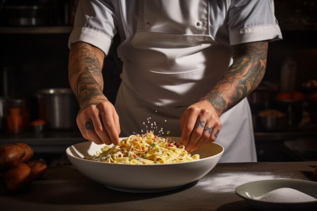 Chef tatuato che finisce un piatto di pasta