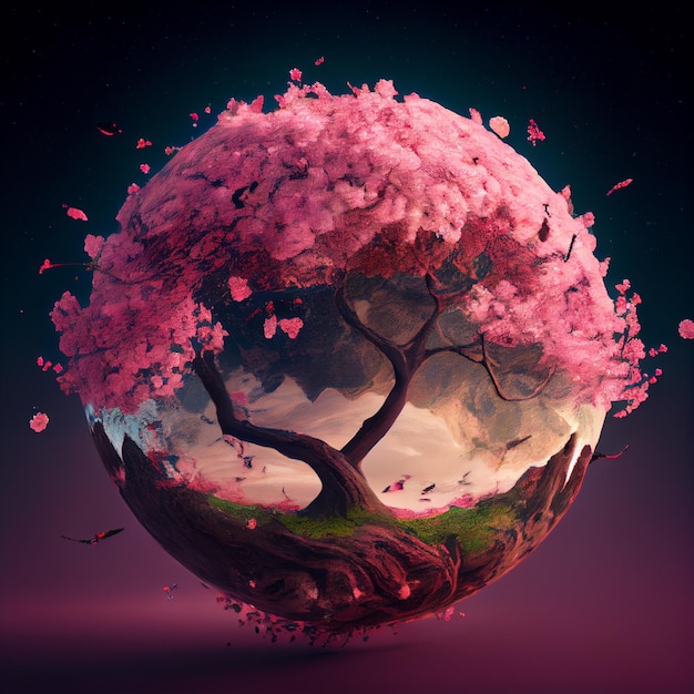Cherry blossom sakura alberi rosa nella sfera Globo primaverile Illustrazione del paesaggio giapponese