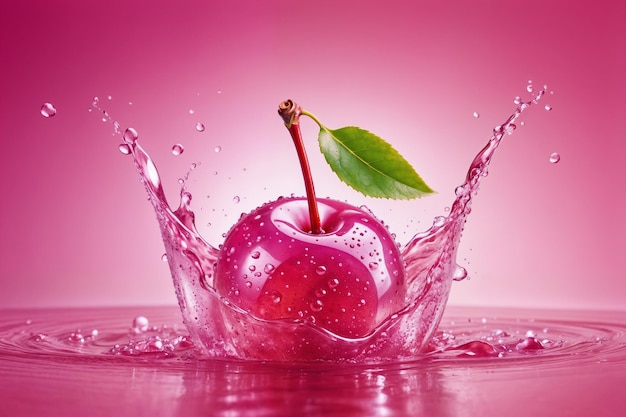 Cherry in un'acqua con spruzzi e onde su uno sfondo rosa