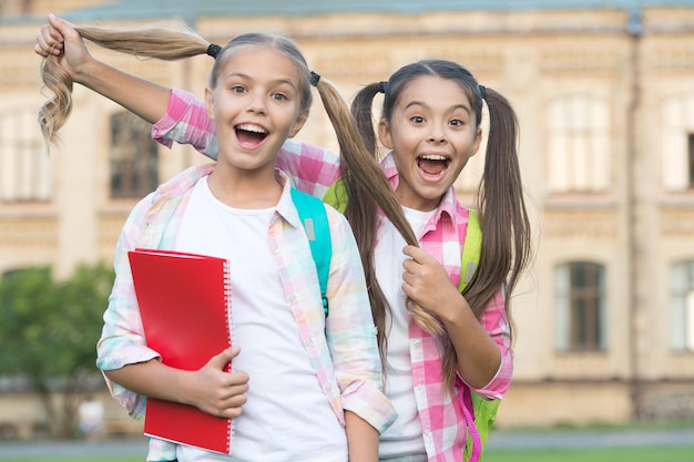 Chi dice che far crescere i capelli non può essere divertente. Ragazze felici con capelli lunghi e sani. Sguardo di bellezza dei bambini della scuola. Parrucchiere. Moda e stile. Acconciatura e styling. Conosciamo i capelli.