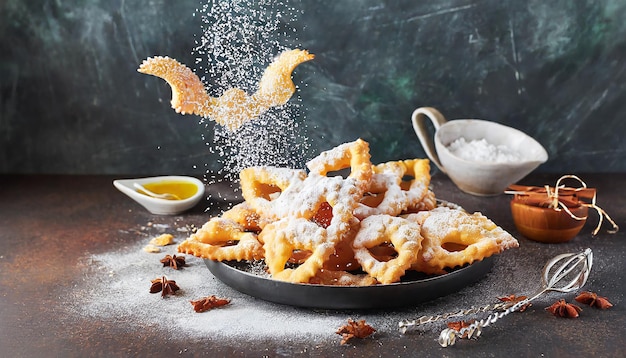 Chiacchere fritelle o ali d'angelo fatte di zucchero in polvere su un foglio da forno con zucchero a polvere