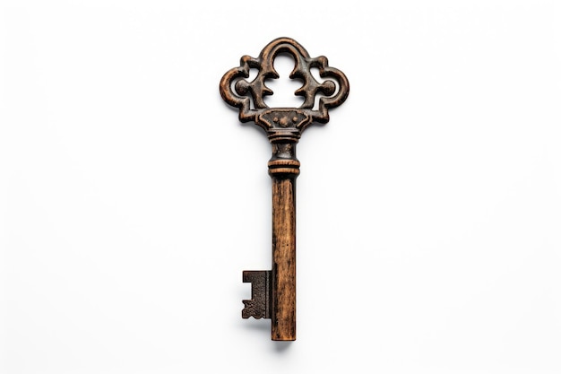 Chiave antica con maniglia di legno Una vecchia chiave con maniglie di legno è visualizzata su uno sfondo bianco La chiave presenta disegni intricati e mostra segni di invecchiamento su sfondo bianca o PNG trasparente