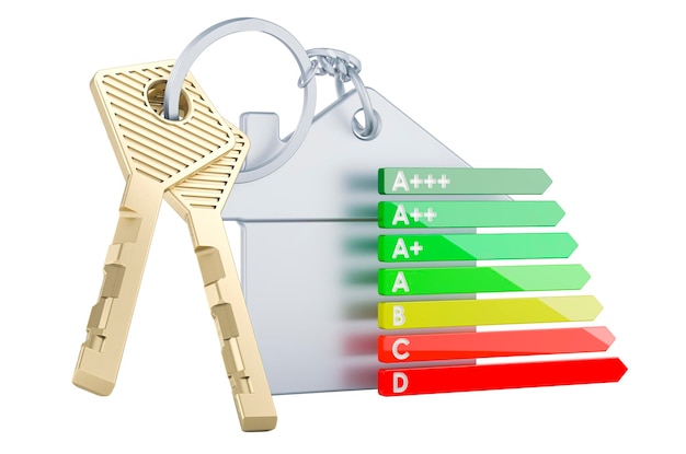 Chiave domestica con portachiavi con grafico di efficienza energetica rendering 3D isolato su sfondo bianco