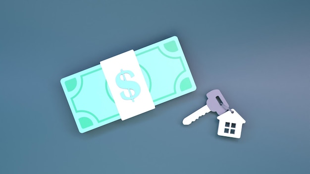Chiave e dollari della casa o dell'appartamento Rendering 3d del concetto di acquisto di immobili