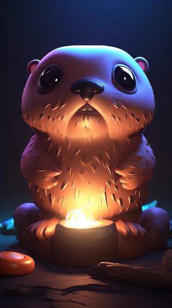 Chibi art luce incandescente Carino piccolo castoro con una candela nell'illustrazione 3d scura