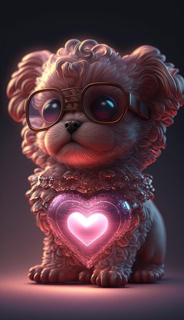 Chibi art rendering 3D Cane carino con occhiali e cuore rosa tenue su sfondo nero Concetto di San Valentino