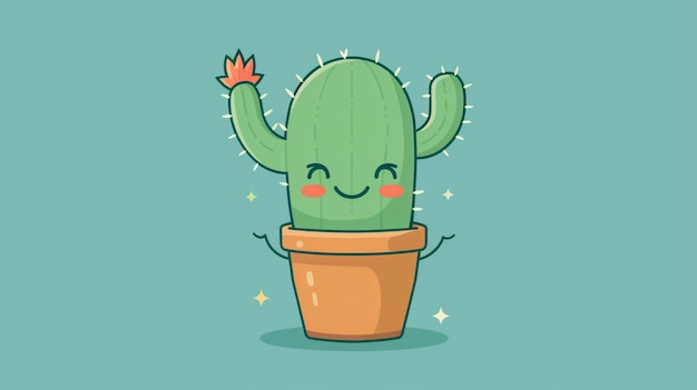 chibi emote di un cactus carino che agita e sorride disegno piatto