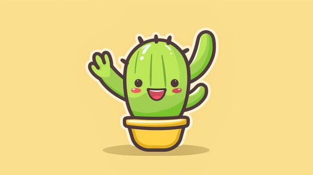 chibi emote di un cactus carino che agita e sorride disegno piatto