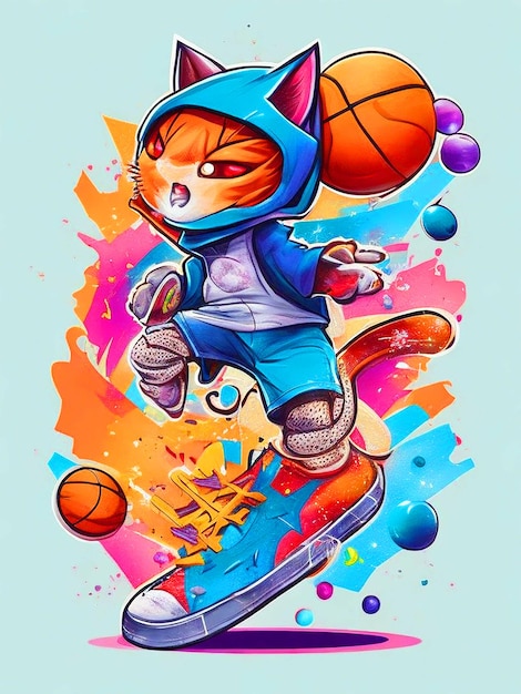 Chibi hooded cat vector tshirt art ready to Cercando di fare un dunk shot Giocando a basket