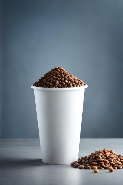 chicchi di bevanda al caffè e pezzi di zucchero di canna in una tazza di carta con zero rifiuti su sfondo grigio