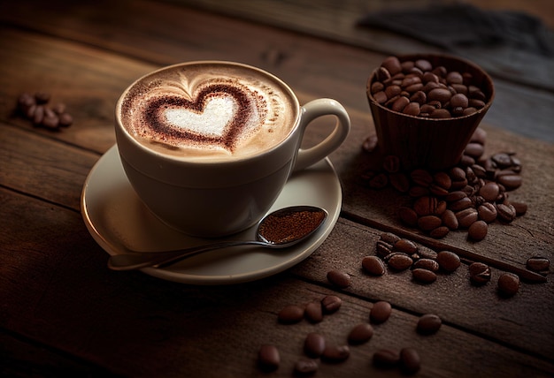 Chicchi di caffè a forma di cuore e tazza di latte su illustrazione in legno AI generativa