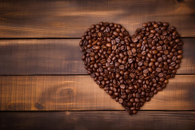 Chicchi di caffè a forma di cuore su fondo di legno