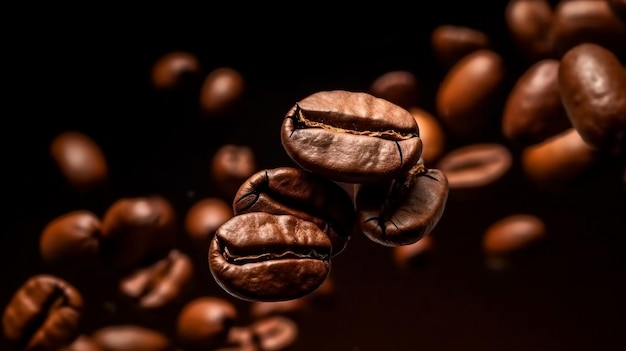 Chicchi di caffè arrostiti che cadono o volano su sfondo nero vicino texture marrone