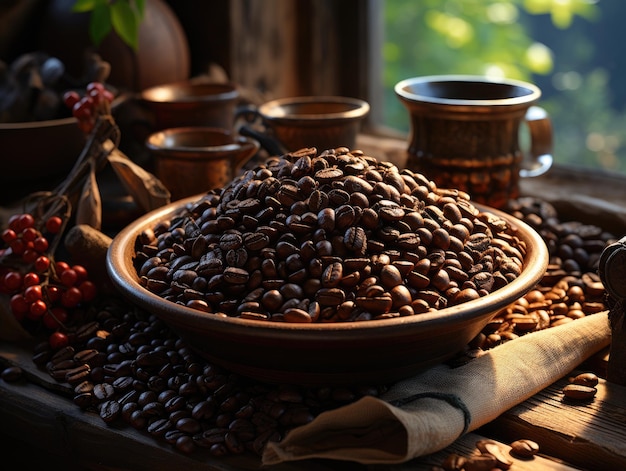 chicchi di caffè arrostiti in una ciotola con piante di caffè appena raccolte sullo sfondo