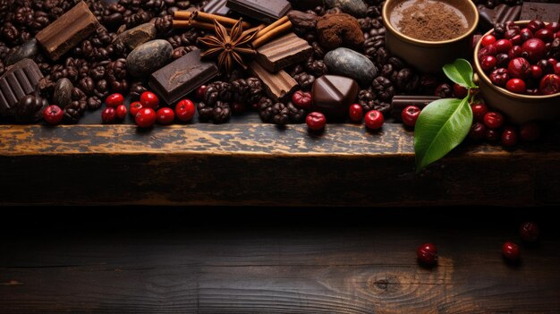 Chicchi di caffè cioccolato e mirtilli rossi su fondo di legno