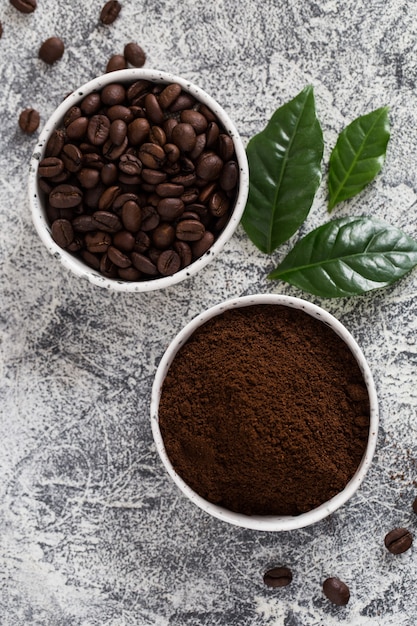 Chicchi di caffè e caffè macinato in ciotole con la foglia della pianta del caffè su luce.