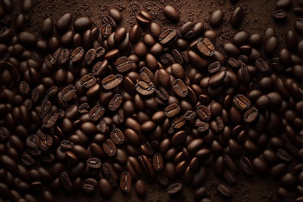 Chicchi di caffè e caffè macinato su sfondo marrone Vista dall'alto