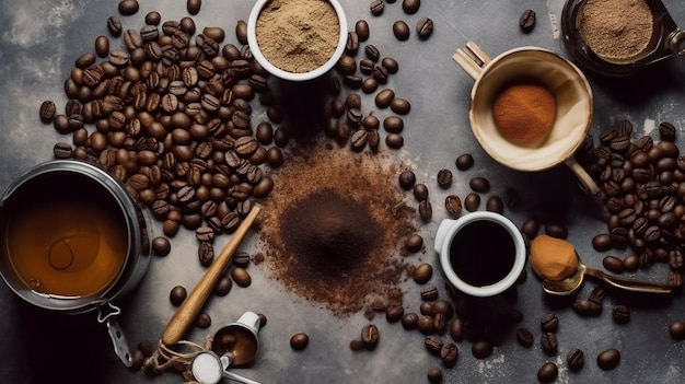 Chicchi di caffè e chicchi di caffè su un tavolo