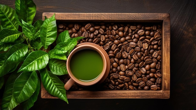 chicchi di caffè e foglie verdi