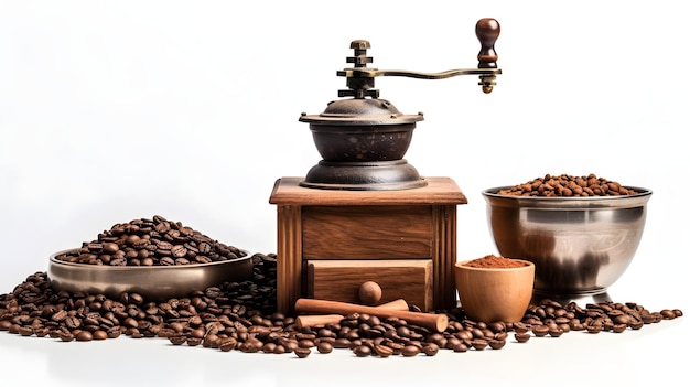 Chicchi di caffè e macinacaffè: un'esposizione aromatica e incentrata sul caffè