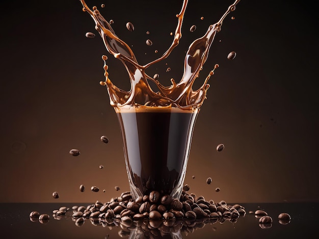 chicchi di caffè e tazza con spruzzo
