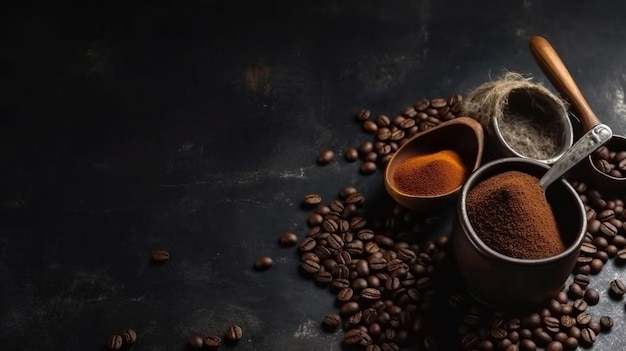 Chicchi di caffè e una tazza di caffè su uno sfondo nero