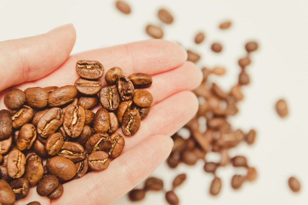 Chicchi di caffè in mano agli agricoltori.