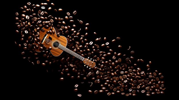 Chicchi di caffè modellati in note musicali e contorno di chitarra isolati su un concetto di silhouette di sfondo bianco