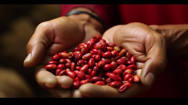 Chicchi di caffè rossi nella vista ravvicinata della macro mano dell'agricoltore