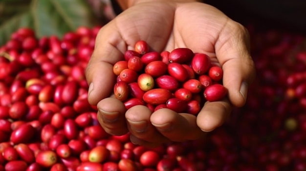 Chicchi di caffè rossi nella vista ravvicinata della macro mano dell'agricoltore