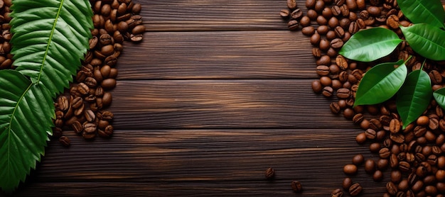 Chicchi di caffè su sfondo di legno Vista dall'alto con spazio di copia