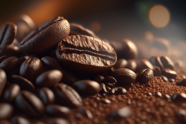 Chicchi di caffè su sfondo marrone con effetto bokeh IA generativa