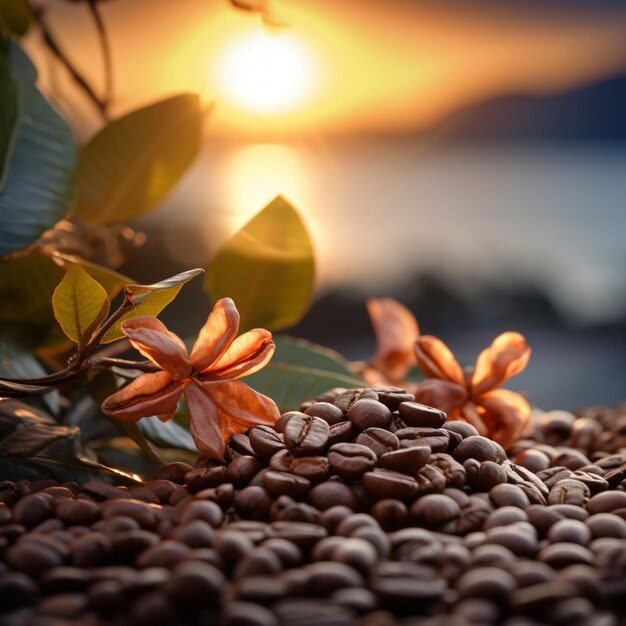 chicchi di caffè su un tavolo con un tramonto sullo sfondo