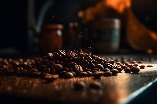 Chicchi di caffè su un tavolo di legno