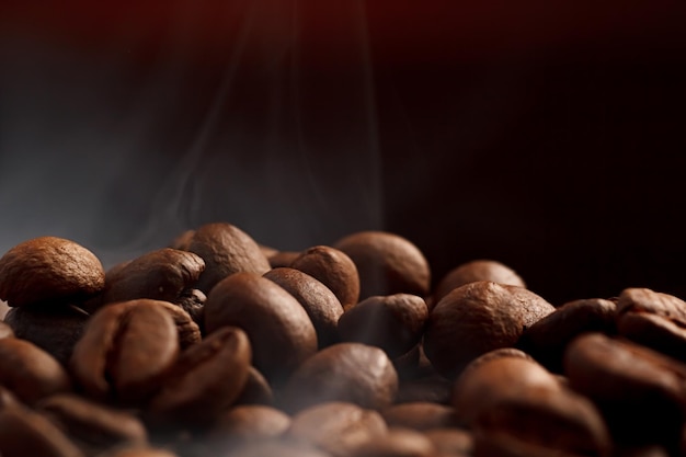 Chicchi di caffè su uno sfondo scuro con una luce rossa sullo sfondo chicchi di caffè alzato per una caffetteria