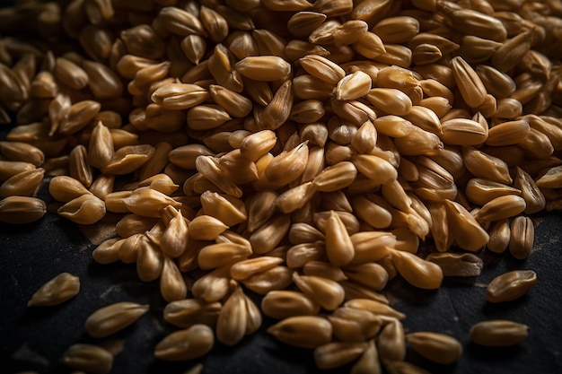 Chicchi di grano su un tavolo con la parola orzo in alto