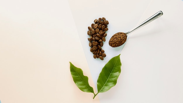 Chicco di caffè e caffè granulato con foglia di caffè