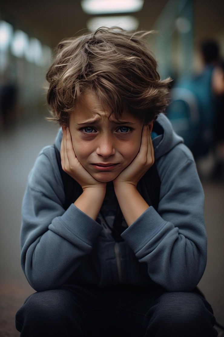 Foto chico triste haciendo bulling en el colegio