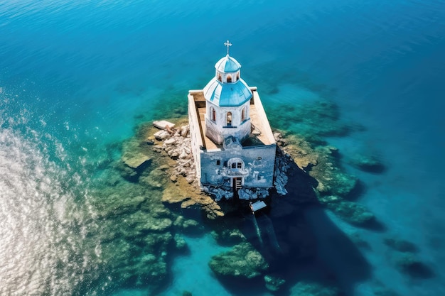 Chiesa Basilica ortodossa su una piccola isola nella vista aerea dall'alto del mare IA generativa