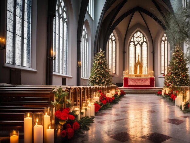 Chiesa decorata per il Natale Una bella ambientazione natalizia in chiesa con candele accese e fresco