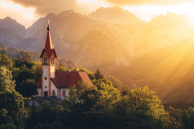 chiesa in montagna con il cielo al tramonto e copiare lo spazio sopra le montagne