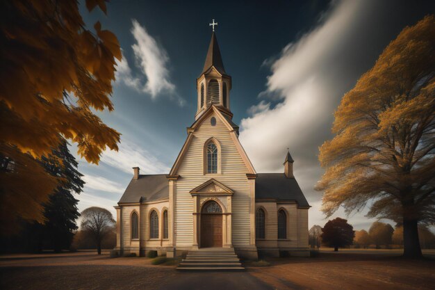 Chiesa nella foresta autunnale generativa ai