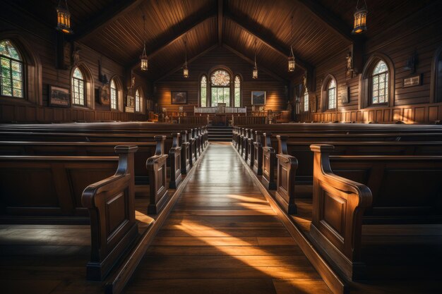 Chiese panchine in legno e interiori accoglienti Generativa AI