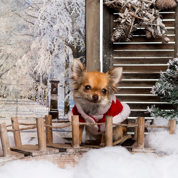 Chihuahua che indossa un mantello natalizio in uno scenario invernale