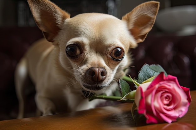 Chihuahua con una rosa rosa IA generativa