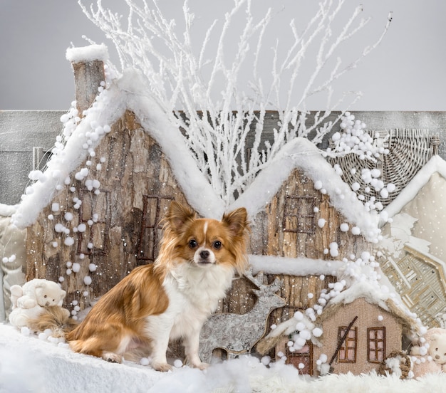 Chihuahua davanti a uno scenario natalizio