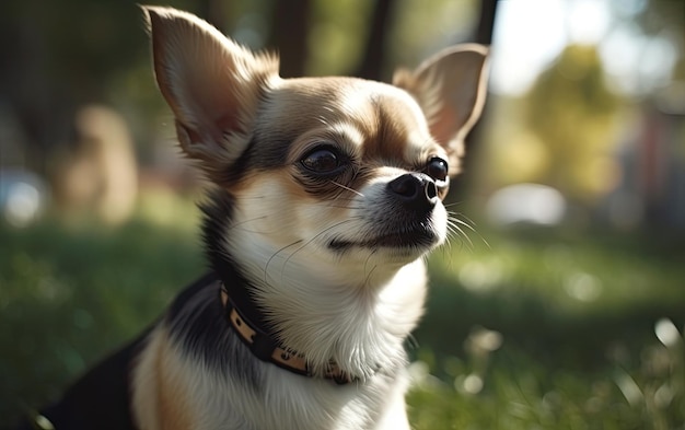 Chihuahua è seduto sull'erba nel parco professionale pubblicità post foto ai generato