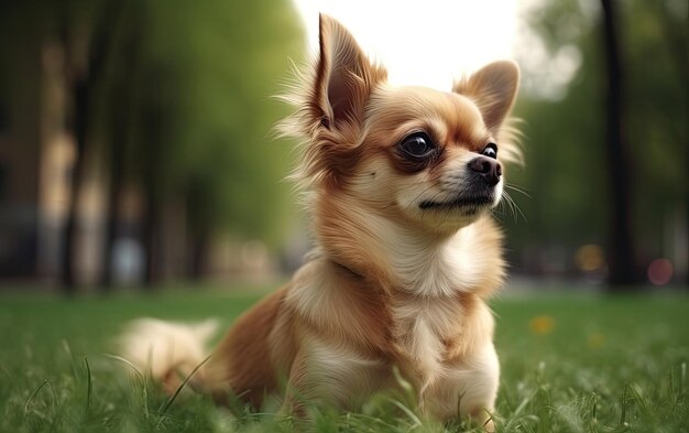 Chihuahua è seduto sull'erba nel parco professionale pubblicità post foto ai generato