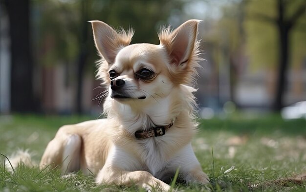 Chihuahua è seduto sull'erba nel parco professionale pubblicità post foto ai generato